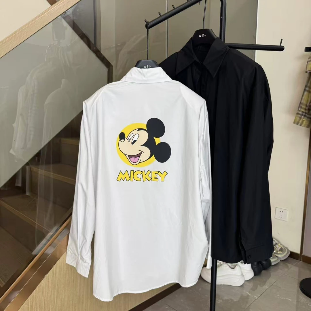w11-宽松显瘦百搭卡通米奇长袖衬衫女中长款防晒上衣