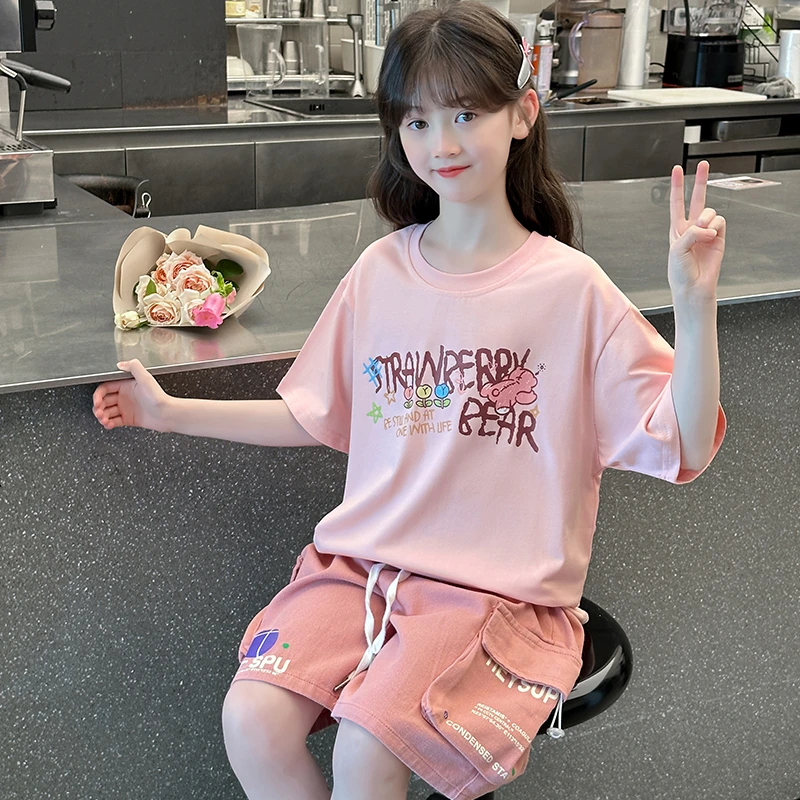 女童短袖短裤套装2025新款夏女孩大童洋气夏日穿搭中大童运动衣服