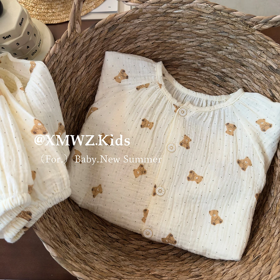 H男童25春夏新款双层棉纱套装宝宝全棉休闲家居服睡衣长袖两件套