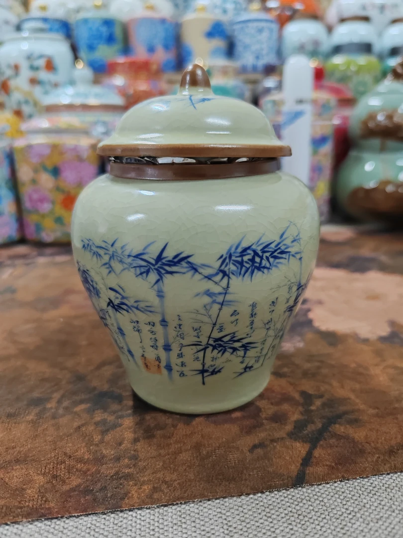 竹子小号将军罐50克陶瓷茶叶罐汝窑复古中式茶叶罐
