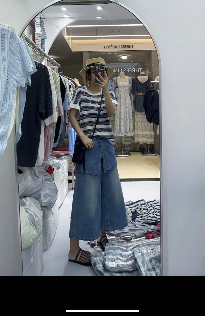 套装阔腿裤高腰蓝色韩版牛仔裤显瘦薄款时尚七分裤夏季减龄