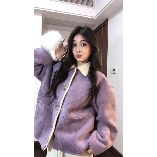复古紫色冬季麂皮棉衣外套女2025新款宽松加厚上衣裤子时尚套装