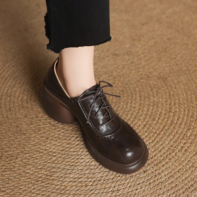 玥小姐增高女鞋8厘米厚底系带小皮鞋粗跟单鞋春秋舒适圆头高跟鞋