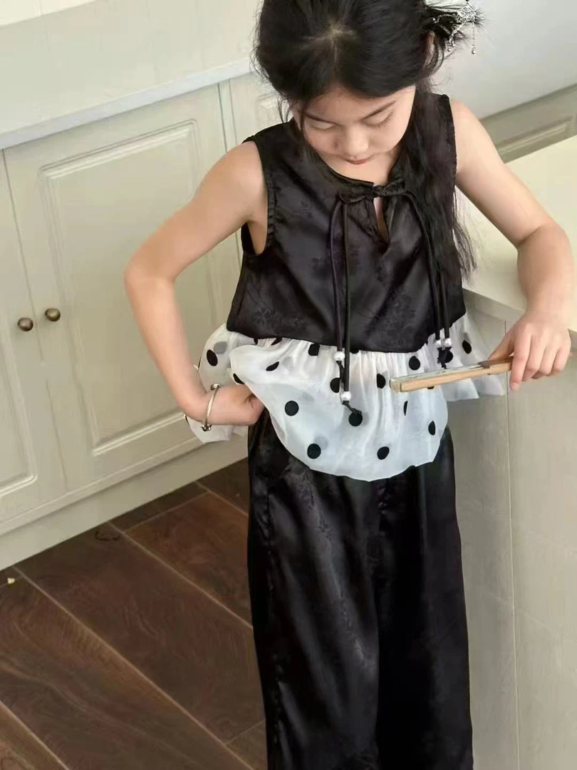 夏季波点女童套头中国风圆点套装休闲九分裤洋气时尚韩版ol