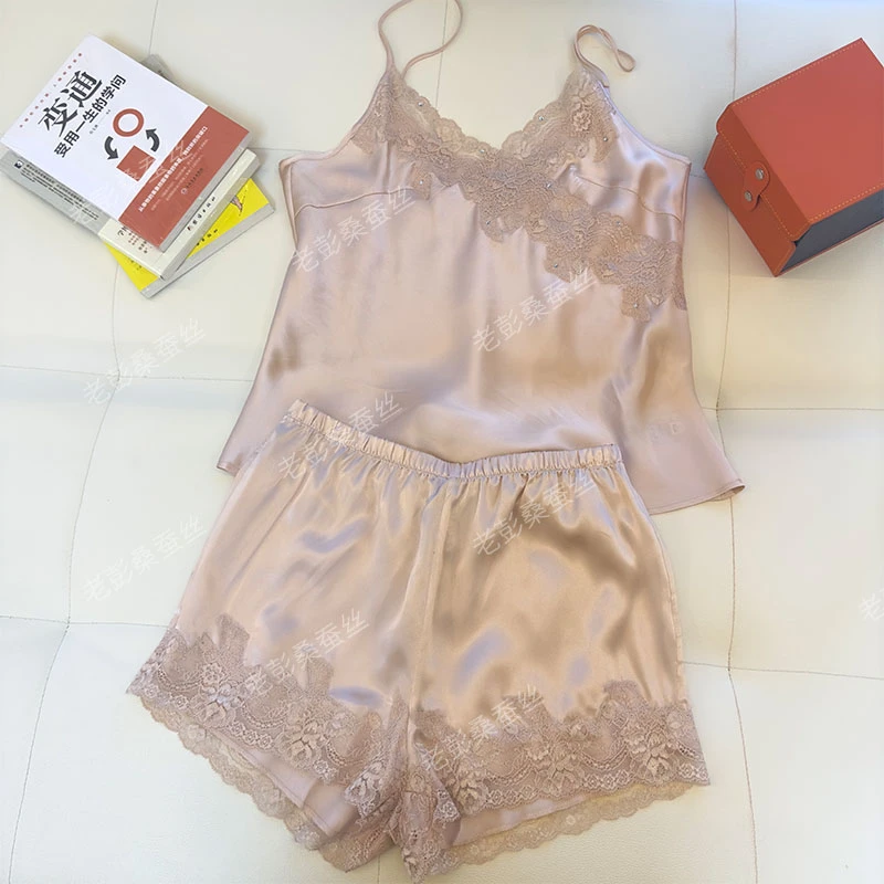 【老板娘自播】100%桑蚕丝重磅蕾丝吊带短裤套装大码SA914