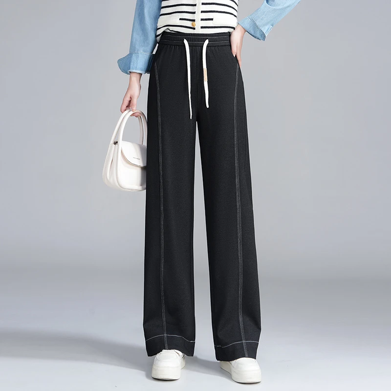 哥弟阿玛施正品春秋新款大码阔腿牛仔裤子松紧腰百搭显瘦休闲裤女