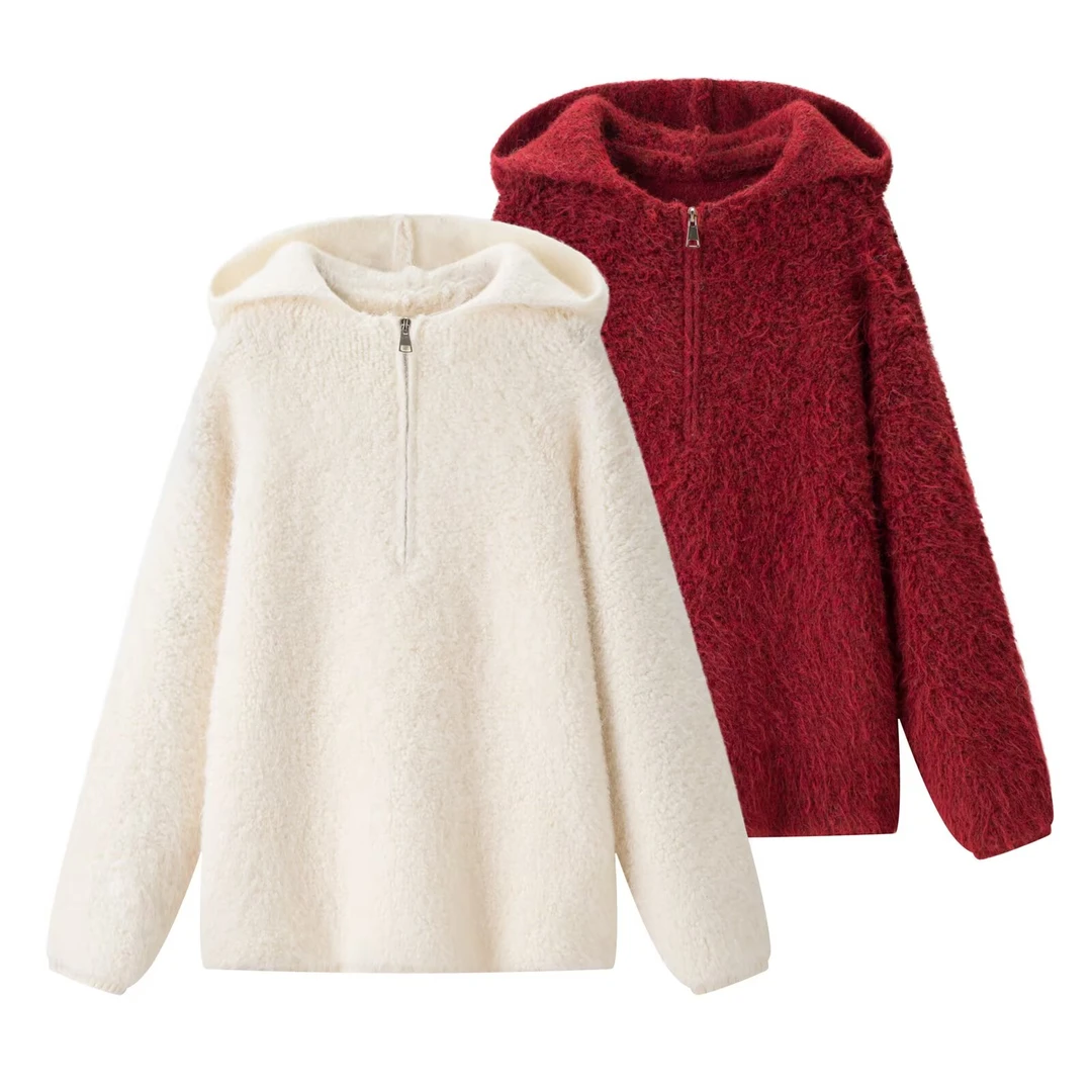 QY51052红色加厚百搭毛衣外套女秋冬新款宽松显瘦软糯套头针织衫