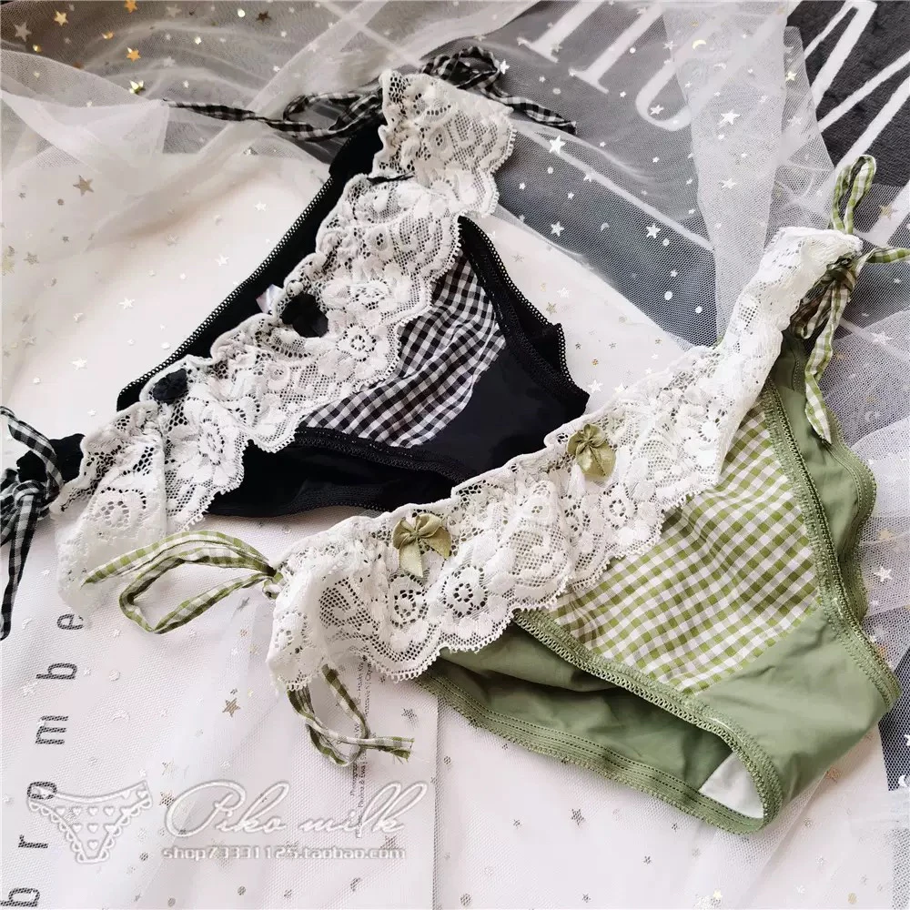 复古学院风#小可爱系带格子蕾丝边低腰女内裤