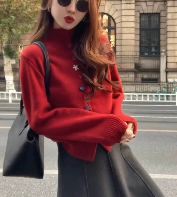 韩系秋冬立领贝壳海星别致纽扣针织开衫毛衣