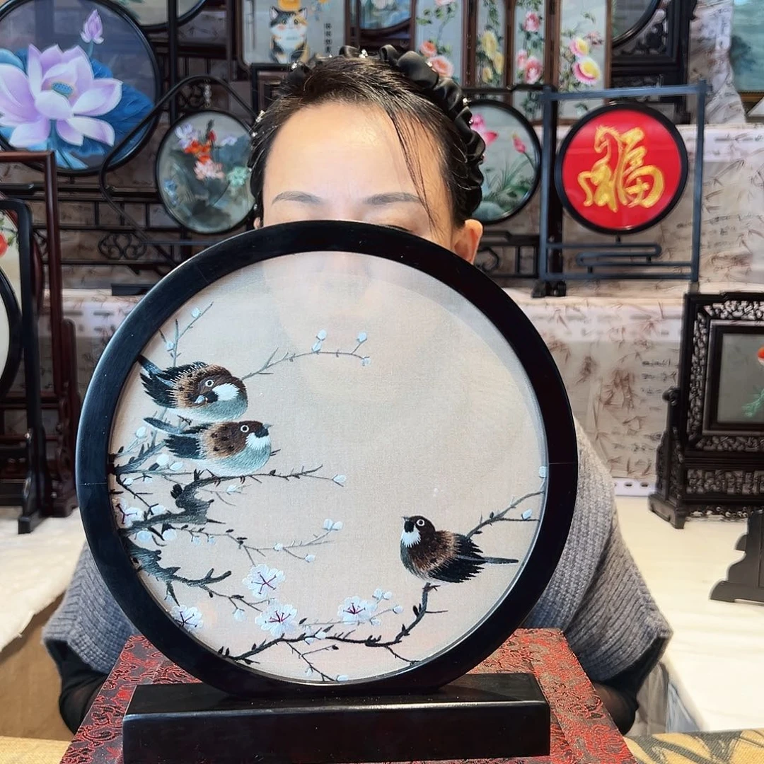 织绣苏绣摆台檀木手工双面