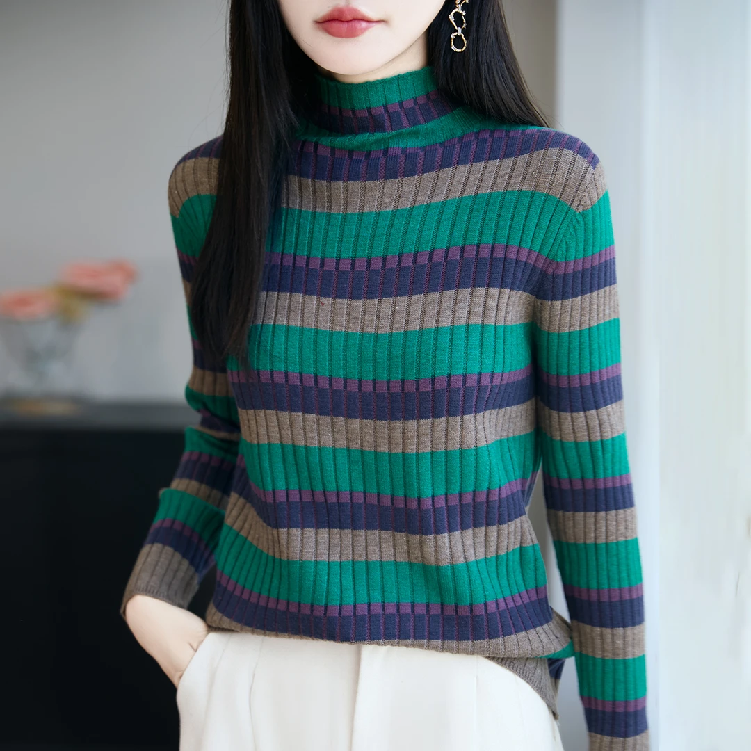 【柔软~亲肤】半高领撞色修身精纺羊毛针织衫秋冬拼色套头女内搭
