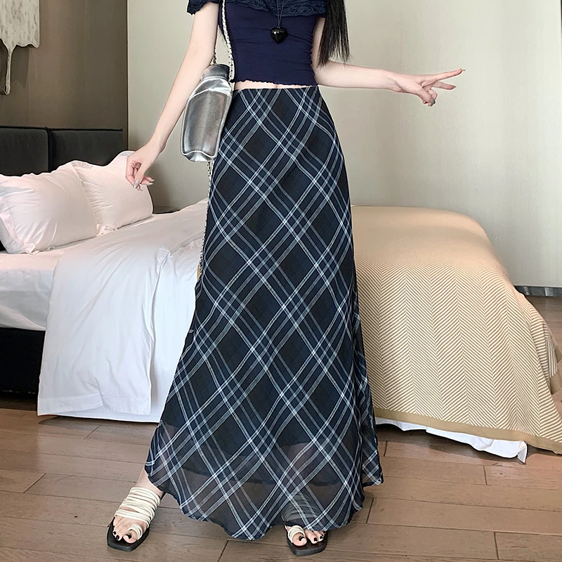 复古高腰薄纱a字格纹鱼尾半身裙女夏季2025新款时髦遮肉气质长裙