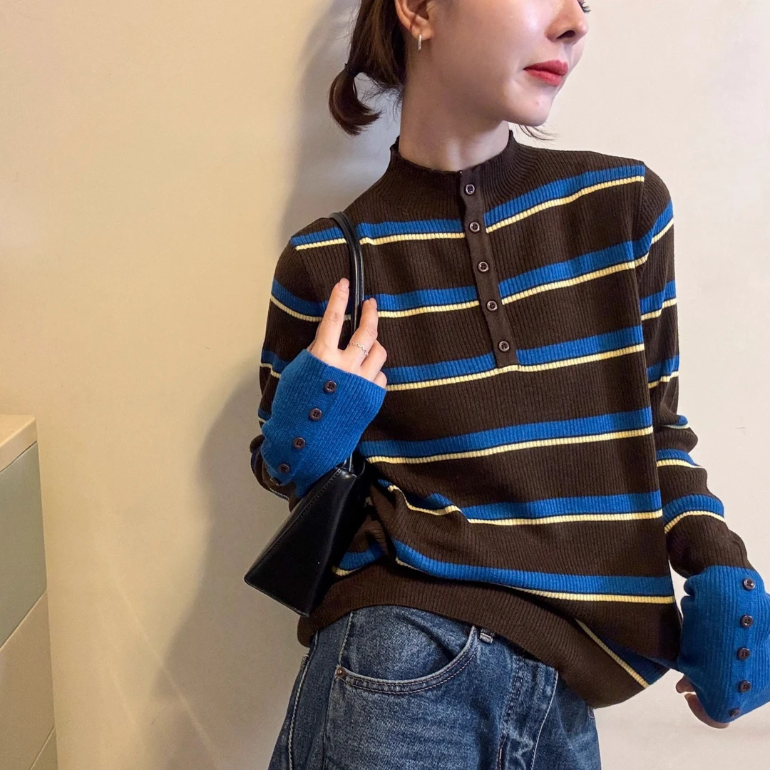 条纹半开领针织衫女撞色纽扣袖口复古毛衣2025秋冬显瘦设计感上衣