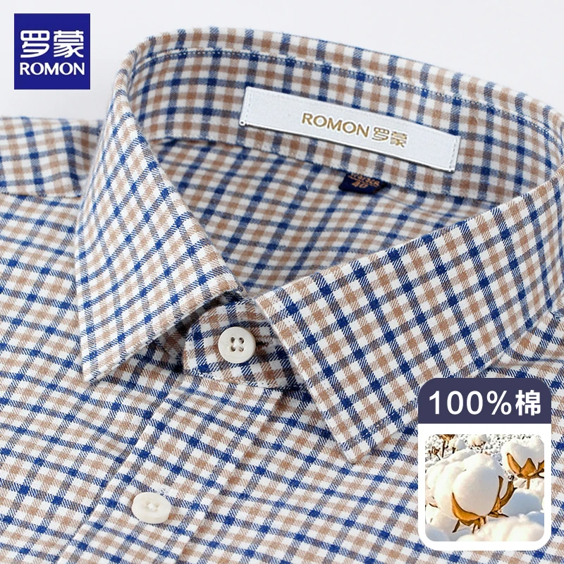 罗蒙纯棉磨毛男士格子衬衫长袖透气商务休闲男装秋季百搭通勤工装