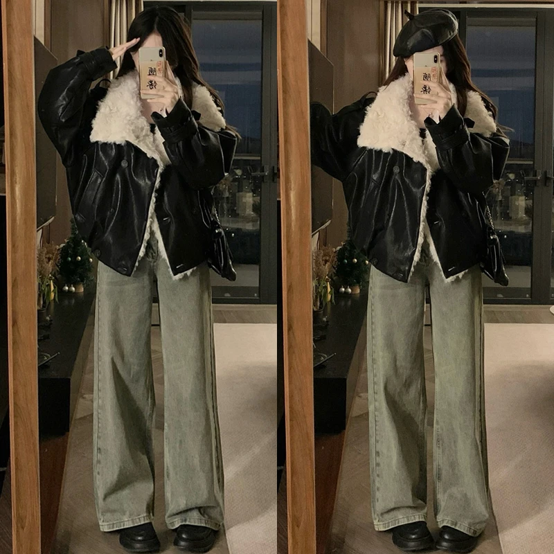 大码胖mm秋冬新款雾面柔光蓬松小羊羔毛毛短外套翻领派克服女