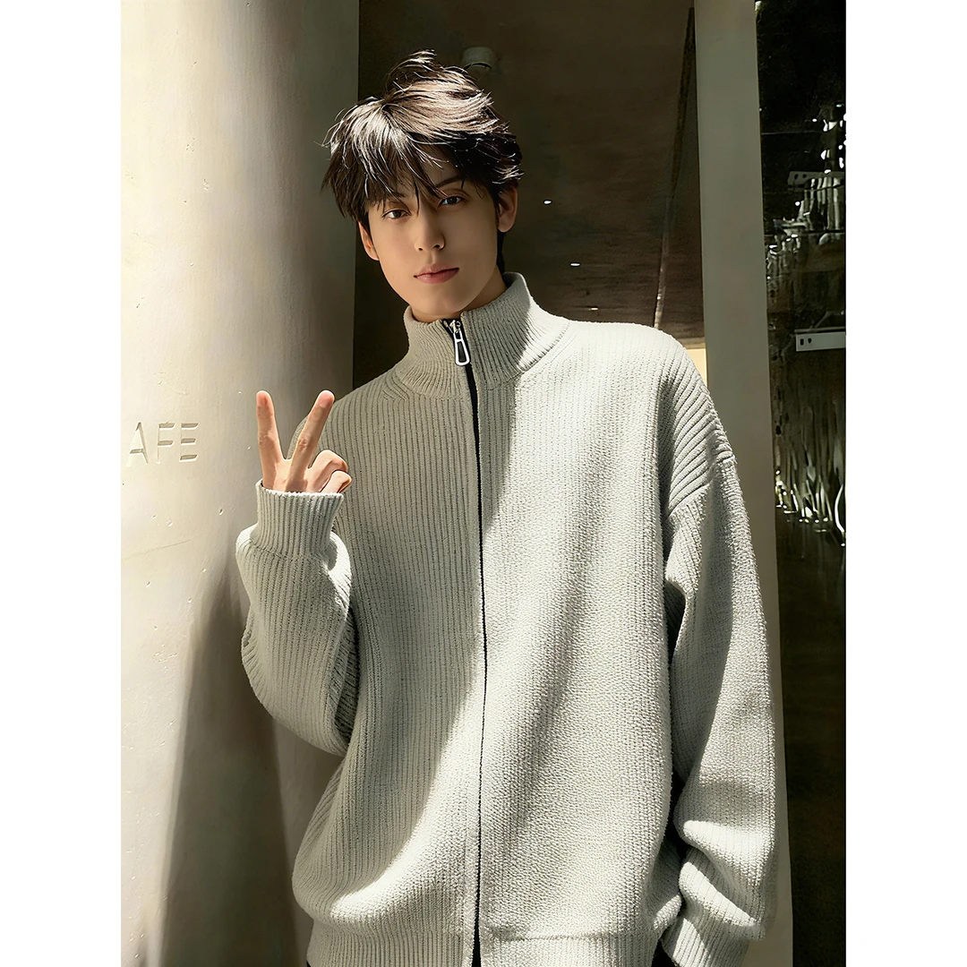 灰色重磅立领双开拉链毛衣男秋冬季潮牌cleanfit高级感针织衫外套