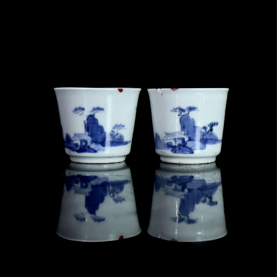 2: 清外销青花山水人物故事杯一对