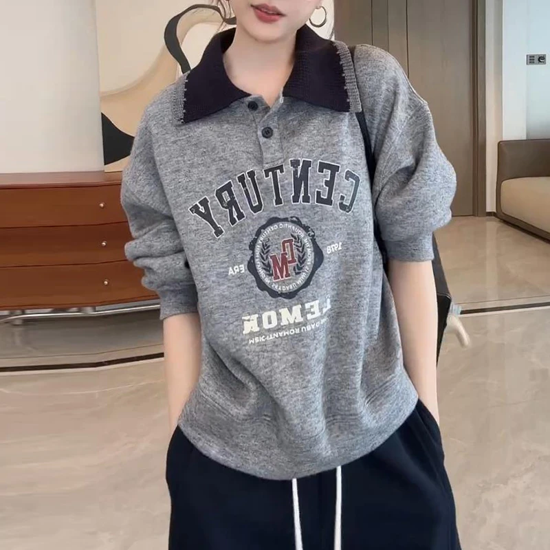 宽松时尚字母印花卫衣女士2025秋季新款翻领长袖上衣百搭洋气女装
