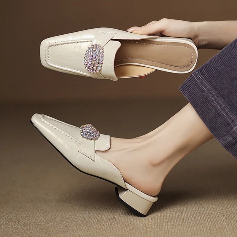 夏天穿裙子专用鞋子水钻轻奢百搭真皮半拖鞋方头包头拖鞋女鞋外穿