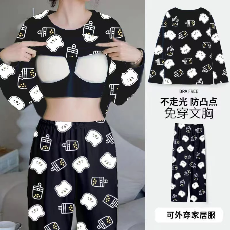 秋冬季两件套装带胸垫一体睡衣女春秋款外穿薄款女学生卡通家居服