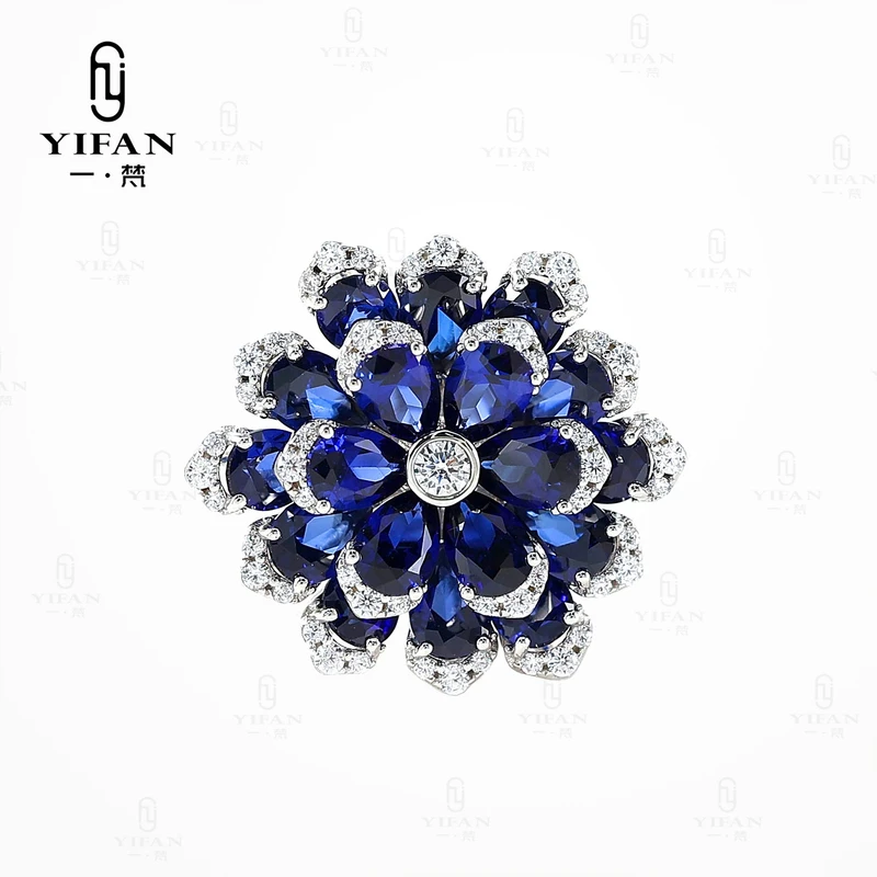 925银合成锆石戒指 一梵  1136-设计师款镂空满钻蓝色永生花戒指