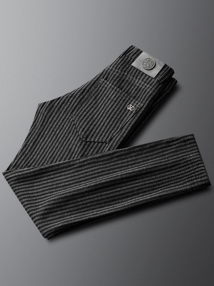 2025秋冬新款男士条纹休闲裤男厚款修身直筒商务长裤百搭毛呢裤子