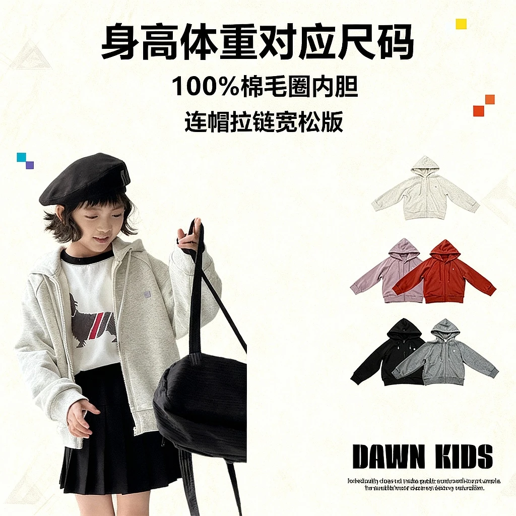 【嗒囜】男女童连帽拉链衫秋冬卫衣儿童宽松版运动休闲时尚长袖外套