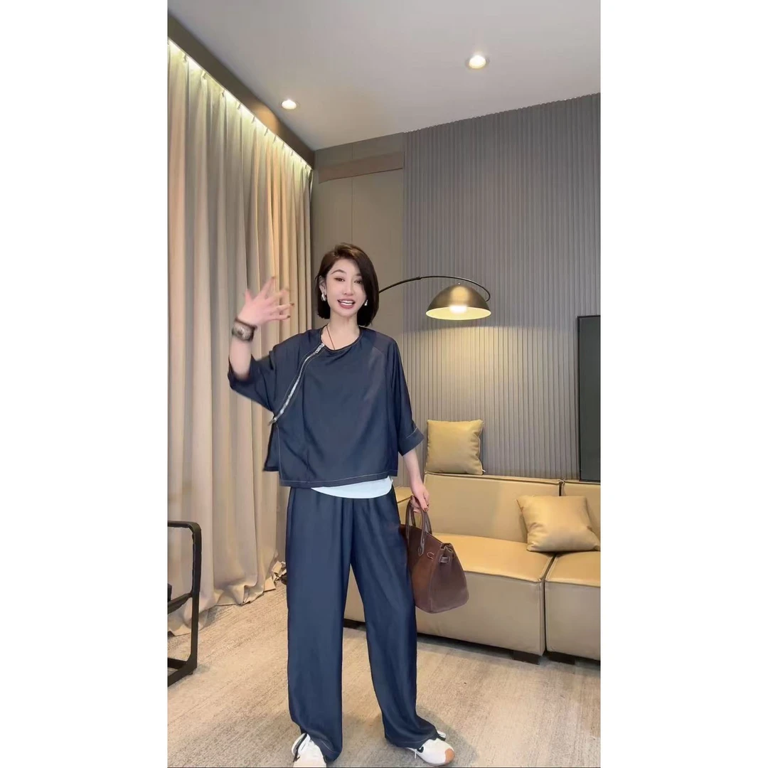 奈梦妮【齐齐】夏季斜拉链轻奢设计师时尚显瘦休闲套装 25N06511