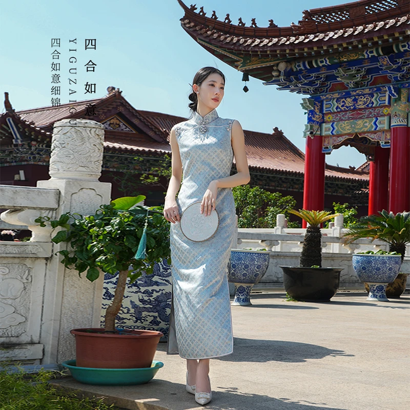 四合如意一顾再顾旗袍宋锦古法全开襟中国风桑蚕丝新中式无袖蓝色