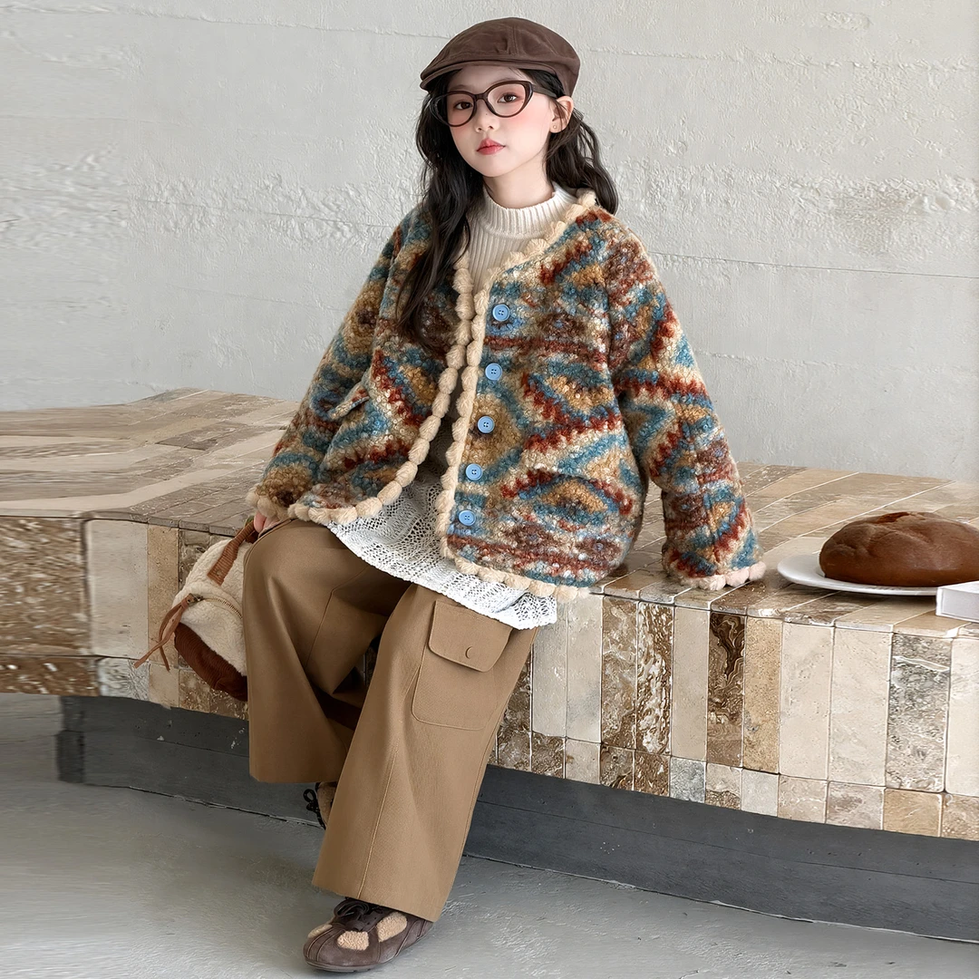 女童弗尔岛宽松型秋冬圆领保暖外套冬季开衫宽松提花毛毛衣外套