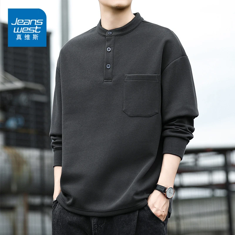 真维斯男士潮牌秋季打底衫美式硬汉复古亨利领男长袖t恤卫衣男款