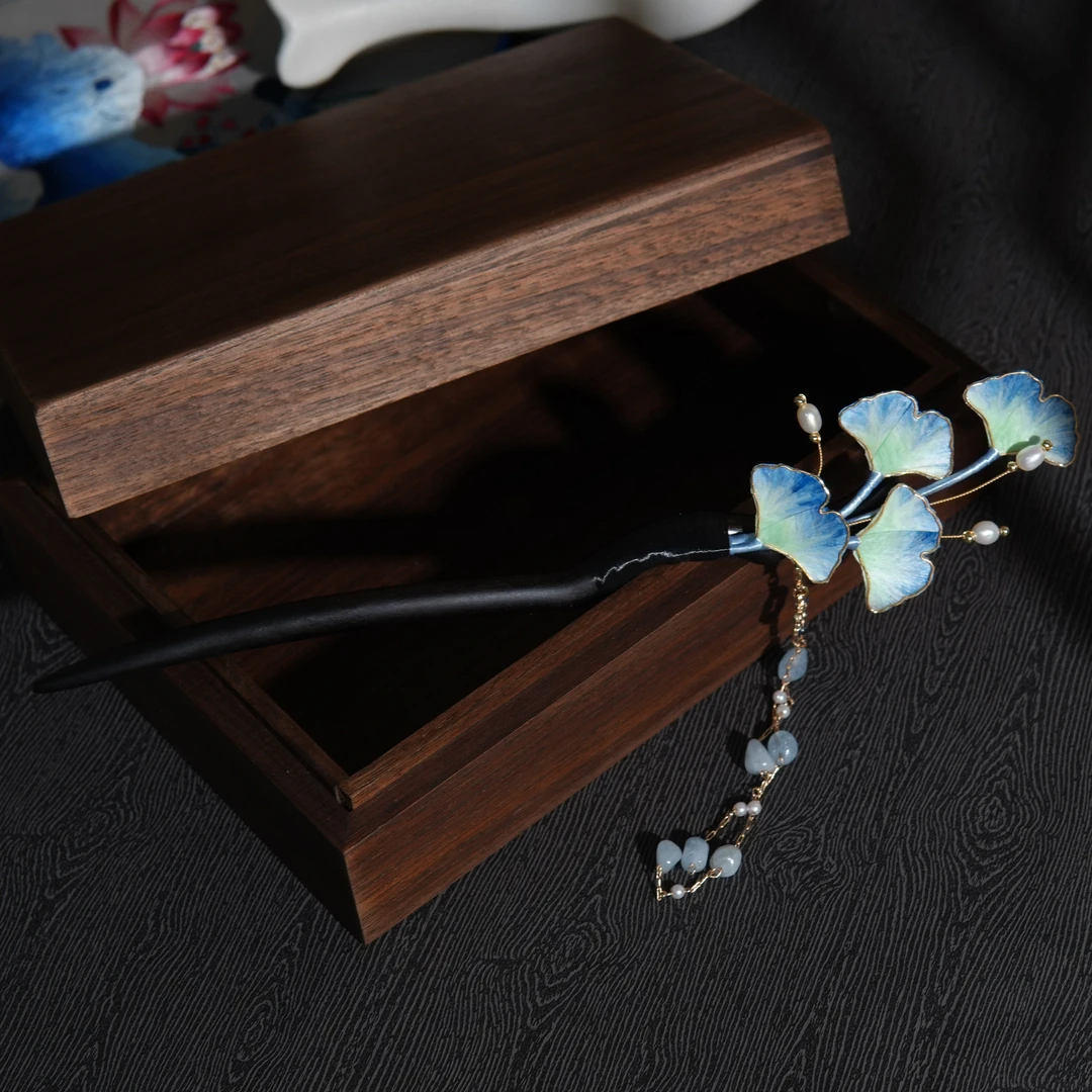 蓝银杏系列非遗绒花手工发簪胸针发梳抓夹古风发饰日常百搭