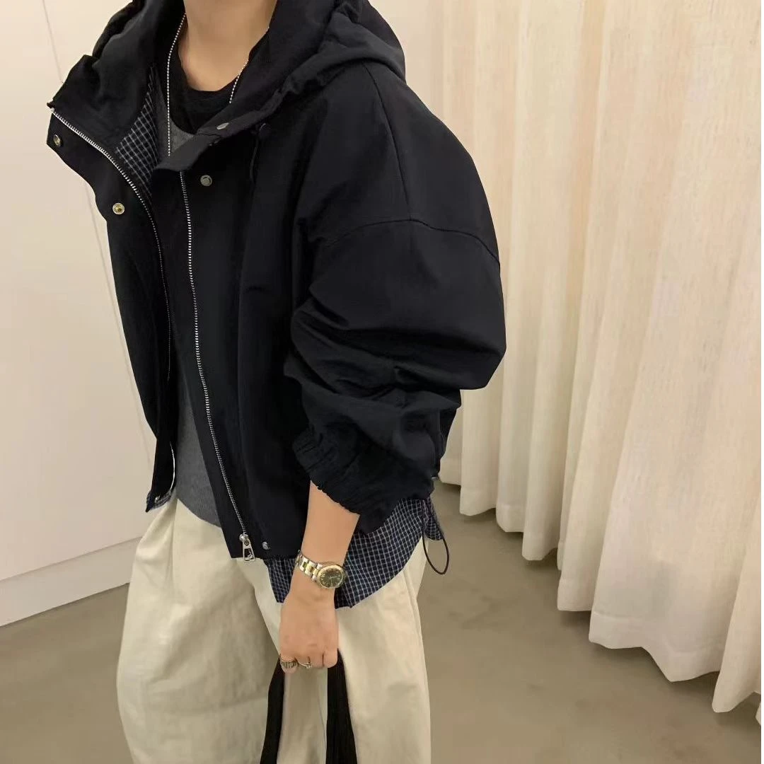 短外套女格子拼接宽袖连帽上衣秋季潮流风衣简约2025新款加棉