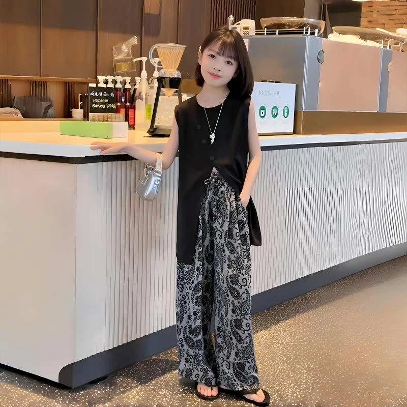 女童夏季无袖套装2025新款慵懒风女大童复古气质时尚阔腿裤两件套