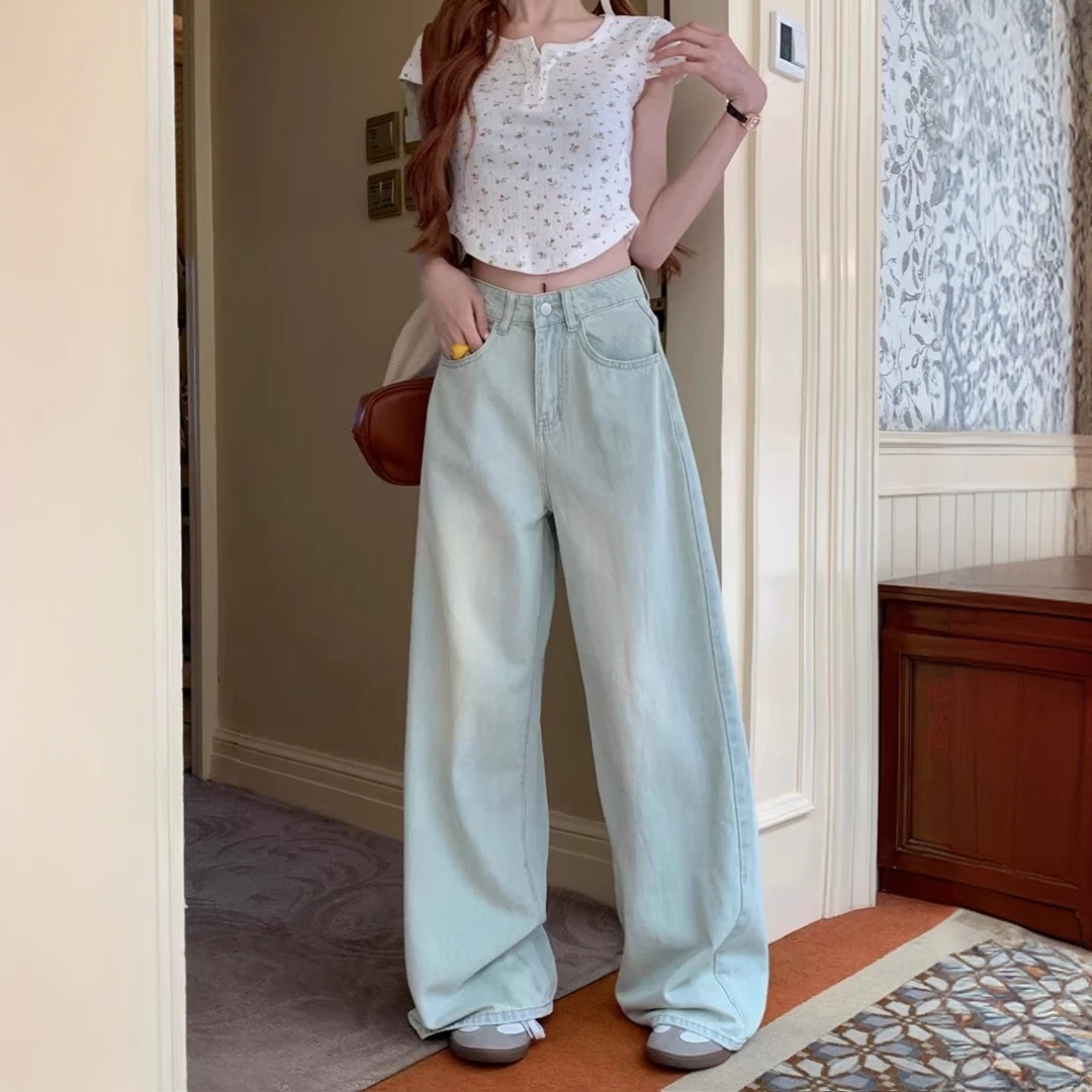 小个子浅色阔腿牛仔裤女美式水洗高腰宽松休闲设计感直筒拖地裤子