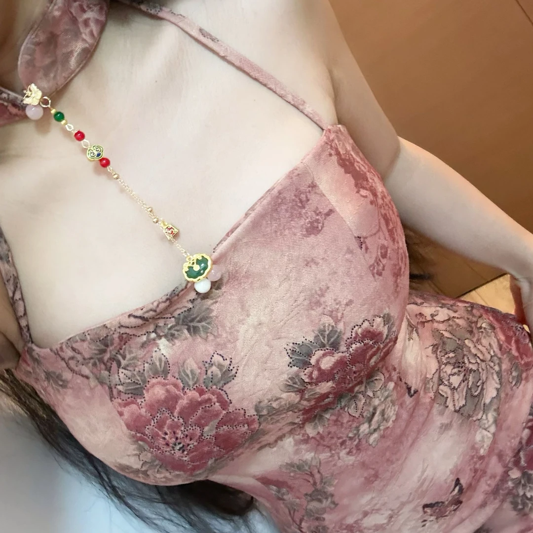 LHMknk1原创自制春款挂脖吊带烫金花朵旗袍生日新中式花朵 粉妃