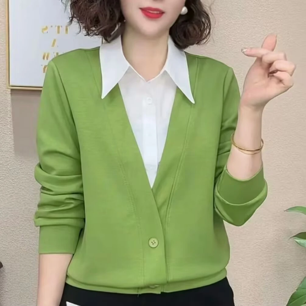 减龄气质休闲百搭时尚设计感洋气显瘦假两件衬衫领打底上衣