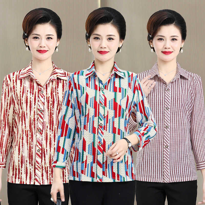 妈妈装秋装新款中老年女装翻领冰丝八分袖小衫奶奶装夏装上衣衬衣