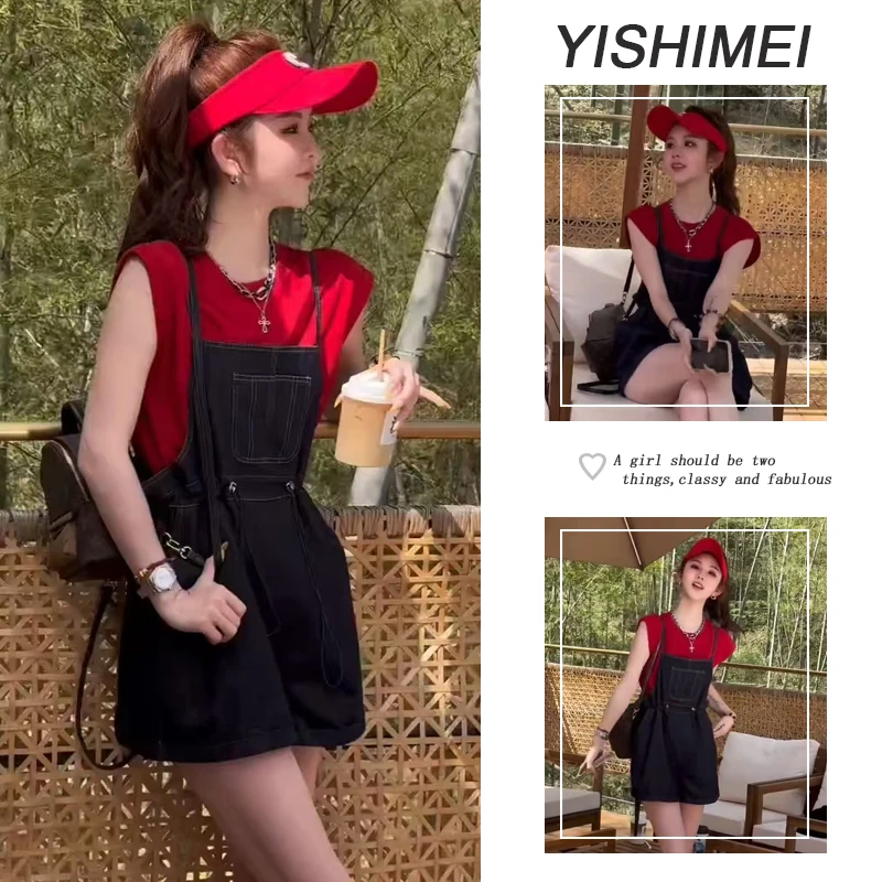 夏季时尚系穿搭女2025新款韩版气质网红短袖T恤减龄背带裤两件套