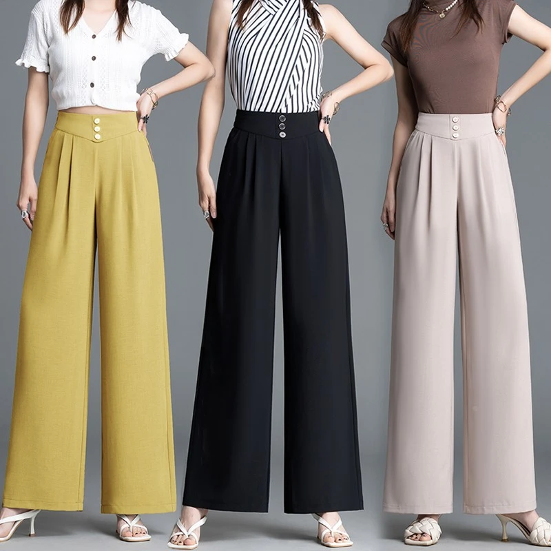 冰丝大码窄版阔腿裤女薄夏季新款垂感高档女裤高腰妈妈米色裤子
