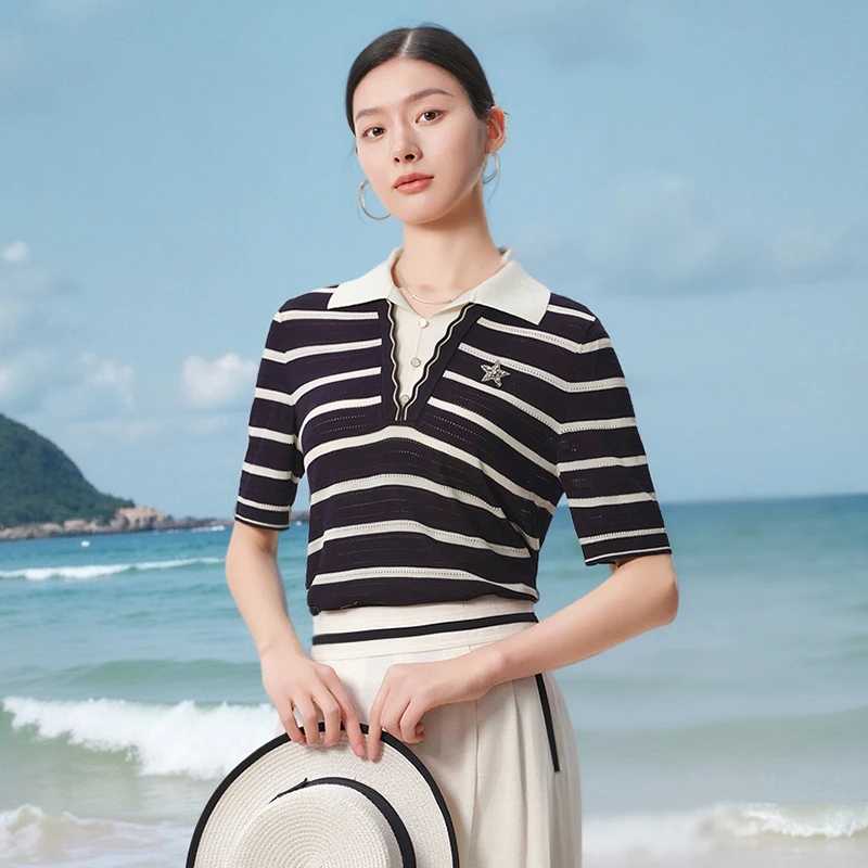 敦奴dunnu休闲翻领针织衫立体挺括条纹百搭短款翻领上衣FU270913