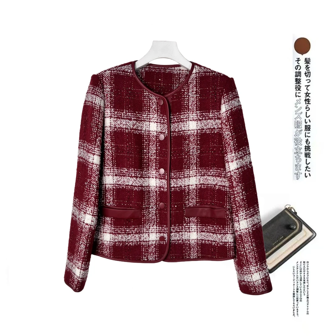 W057常规款女见外包装直下摆短外套千鸟格复古格子