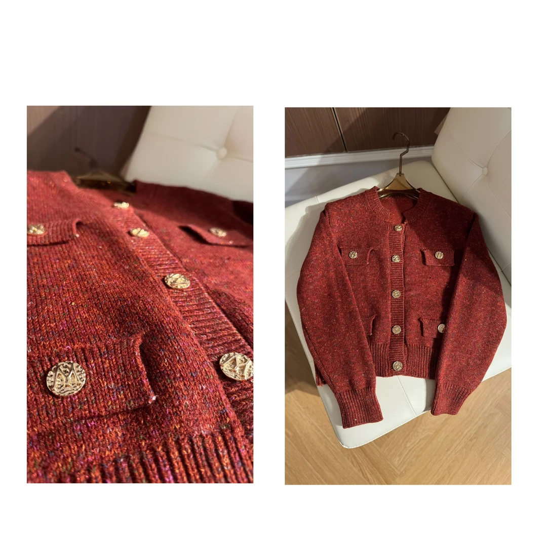 【彩虹糖】2024秋冬新款新年圣诞红色洋气金丝针织开衫MF-1598