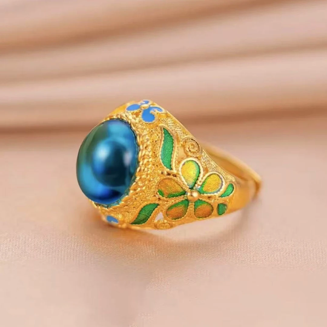 清澈蓝蝶恋花戒指复古女款