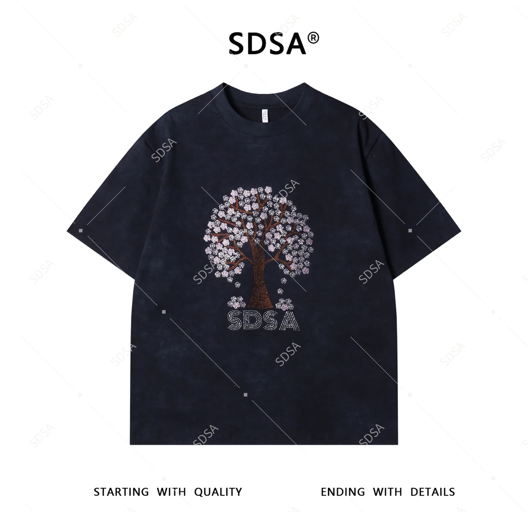 SDSA夏季新款男士痞帅潮流树字母烫钻设计圆领短袖T恤重工上衣潮