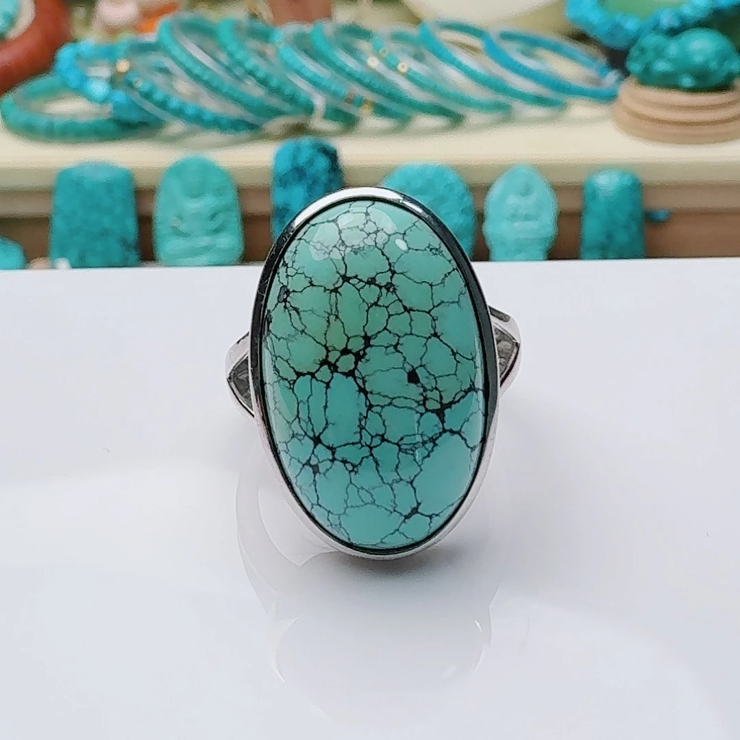 绿松石银S925镶嵌高瓷绿网花大蛋面女戒食指戒