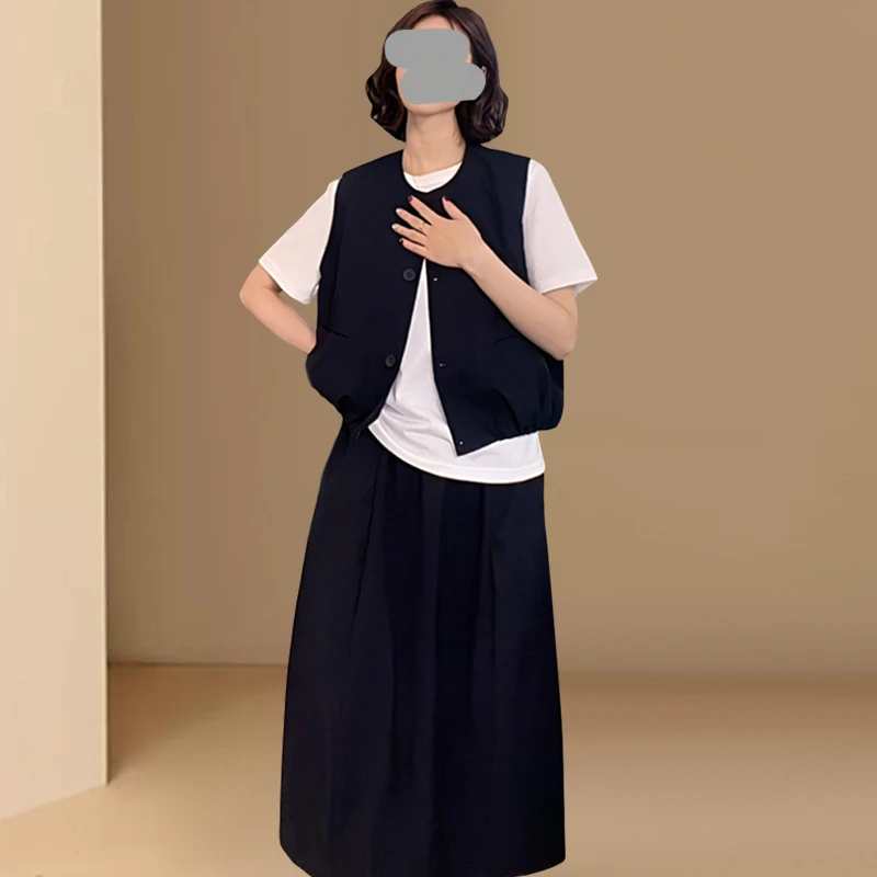 大码胖mm韩系时尚三件套装女夏季简约百搭马甲内搭T恤上衣半身裙