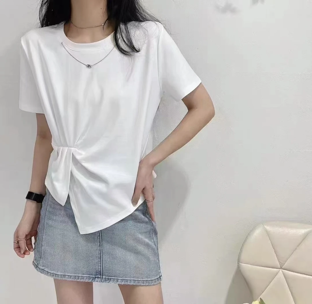 7707#拼接速干短袖纯色圆领U型领T恤黑色时尚高腰褶皱显瘦