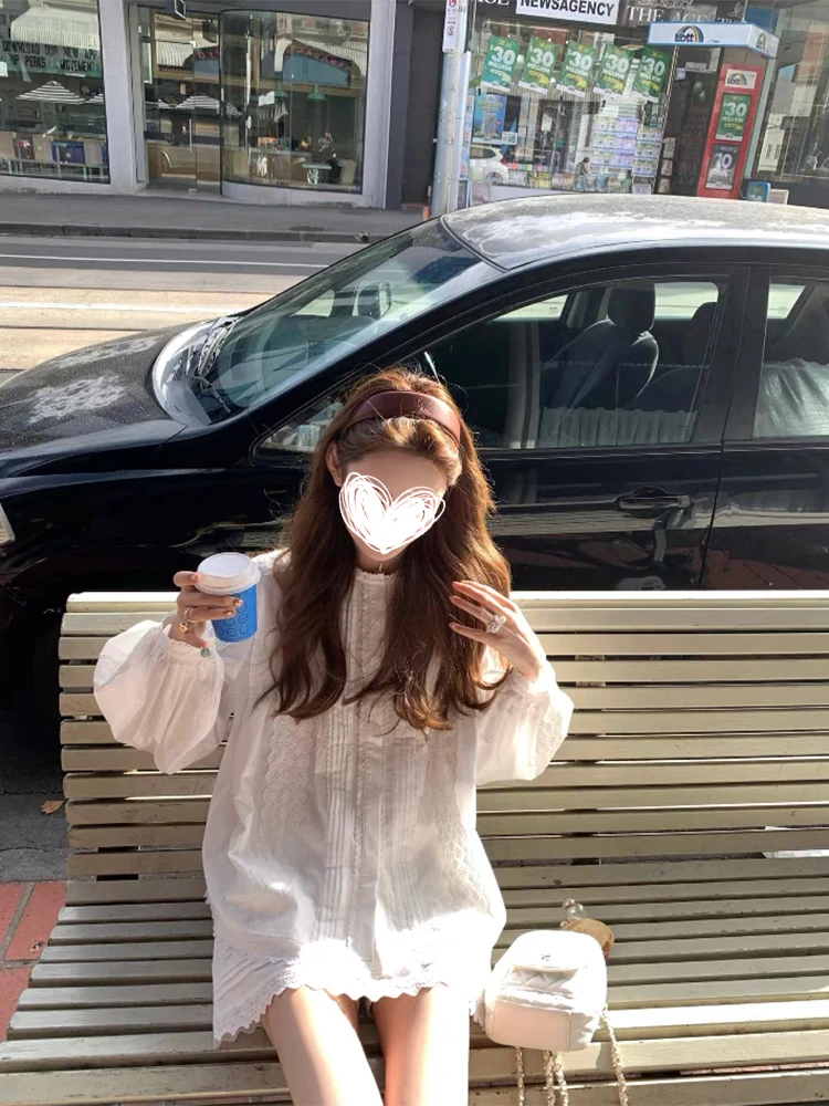 抓襟两件套衬衫长袖上衣圆领A字短裙女花边套装