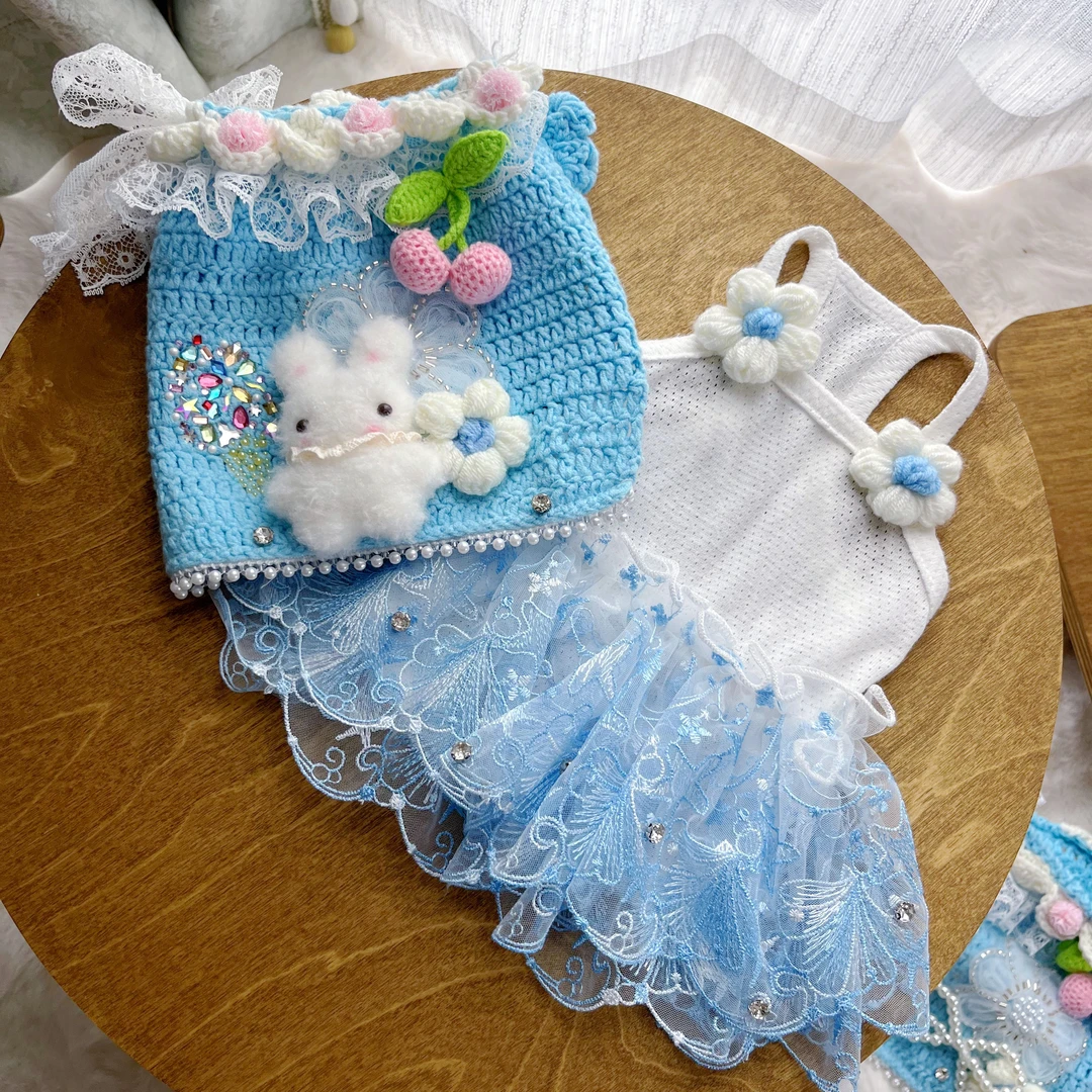 云朵芭蕾梦幻蓝色手工毛衣加裙子两件套宠物衣服甜美可爱